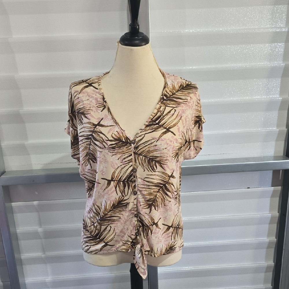 Lavish Pink and‎ Brown Floral Blouse Tie Front Size Large